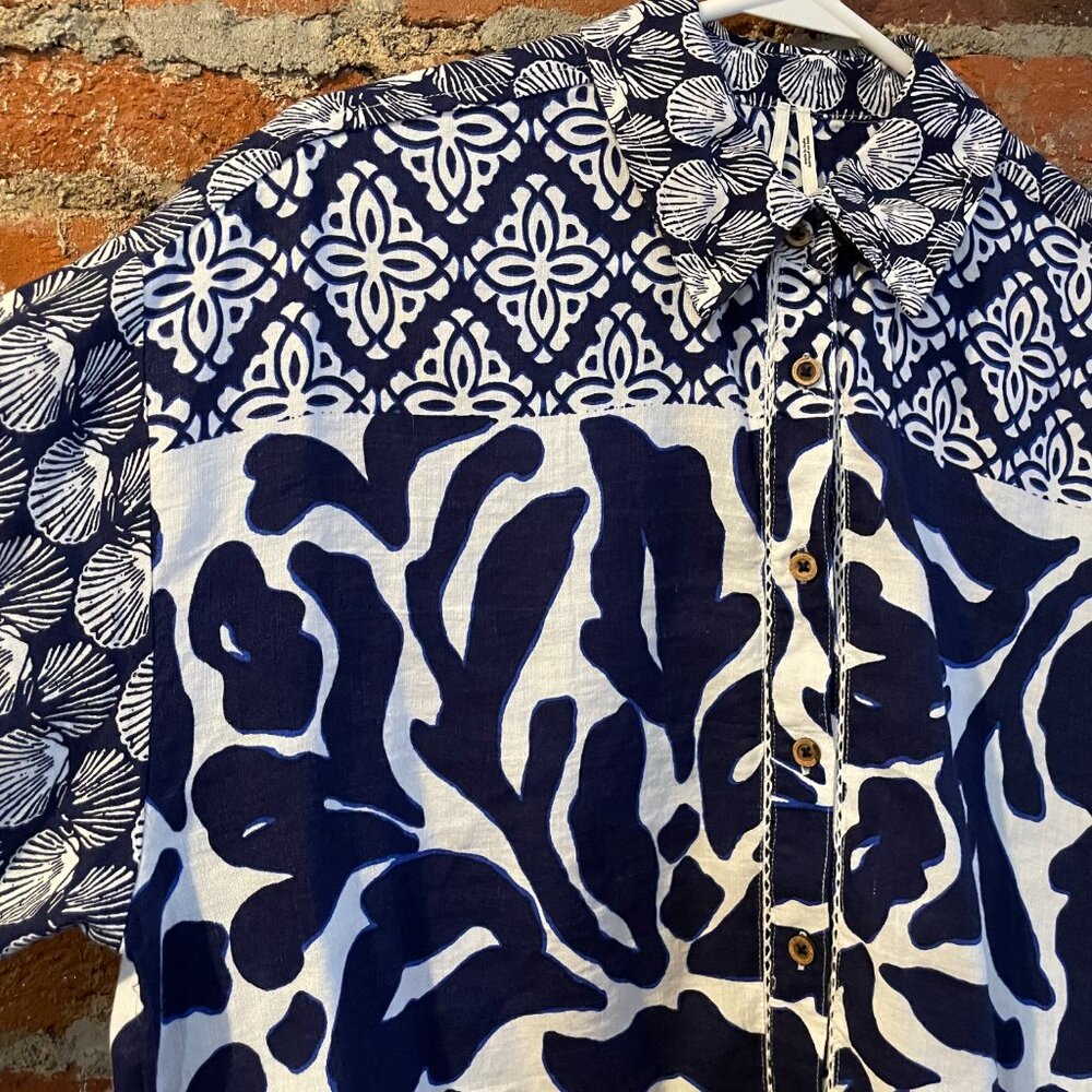 Anthropologie Short-Sleeve Beachy Printed Linen Buttondown Shirt Small - Picture 8 of 11